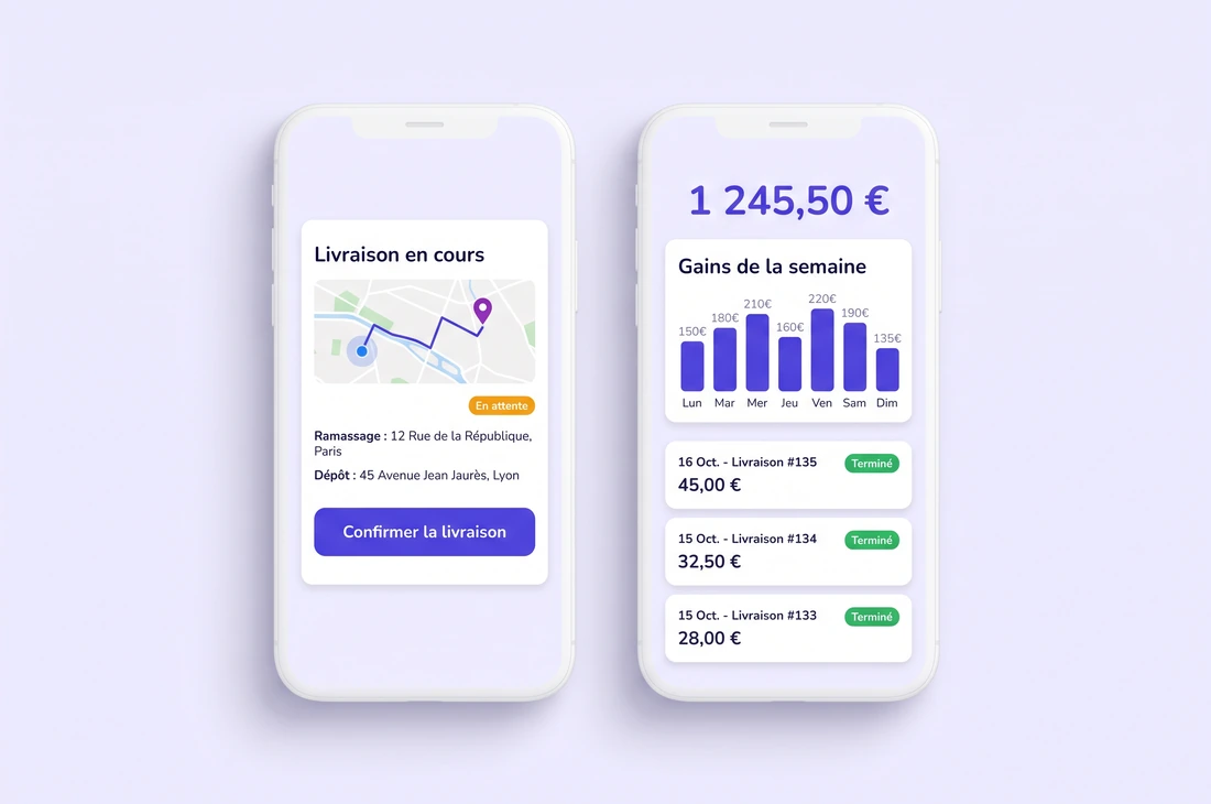 Captures app livreur (2 téléphones)